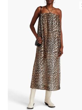 GANNI Leopard-print blend voile midi maxi dress sz 40 US 8